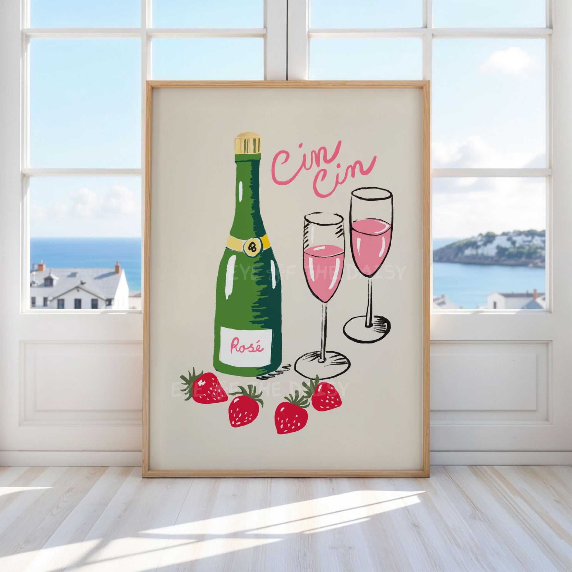Cin cin poster with wine bottle of Rosé, and wine glass hand drawn illustration, great trendy kitchen or dinner party print
