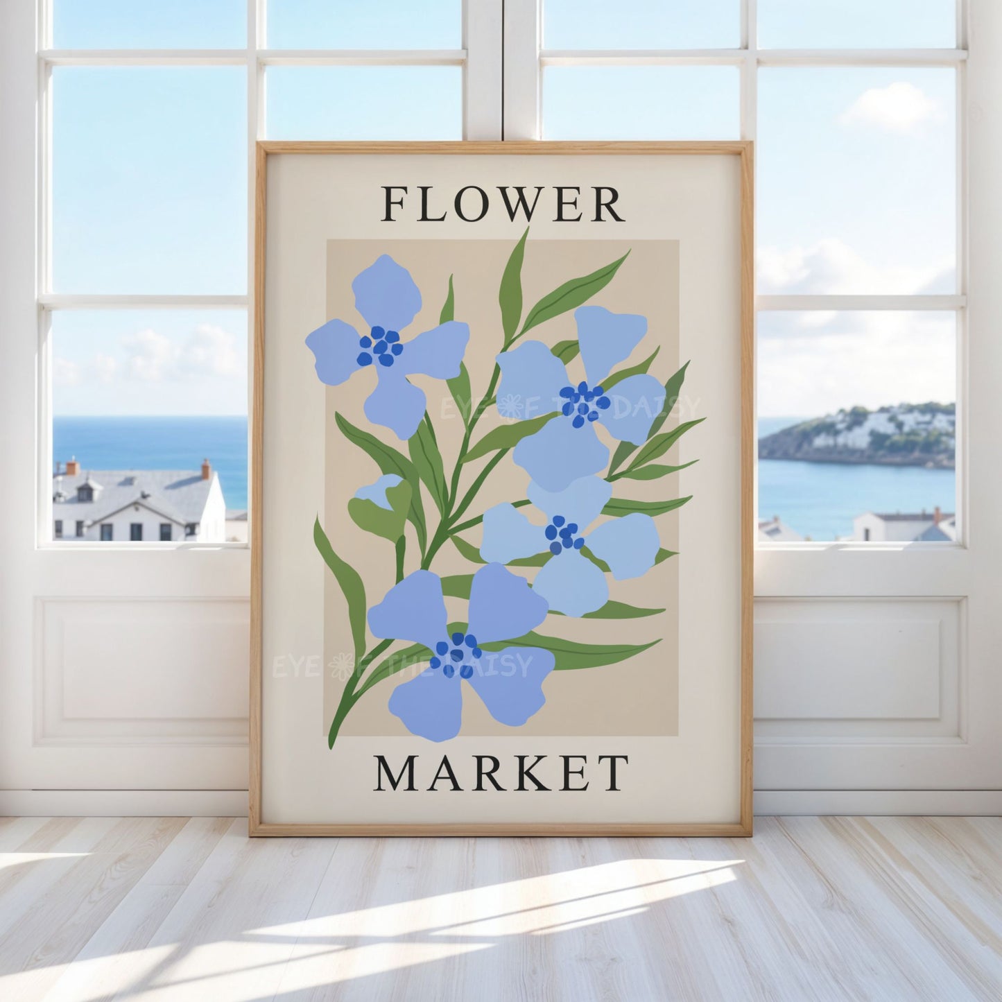 Flower Market printable poster, abstract pale blue flowers wall decor, digital download art for modern living room