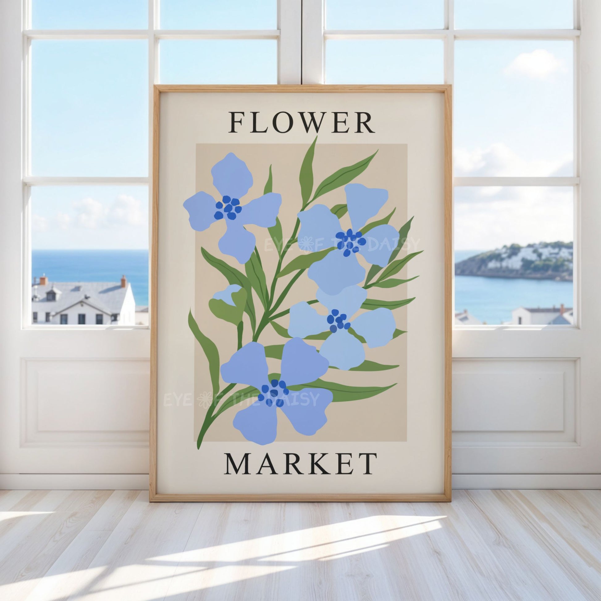 Flower Market printable poster, abstract pale blue flowers wall decor, digital download art for modern living room