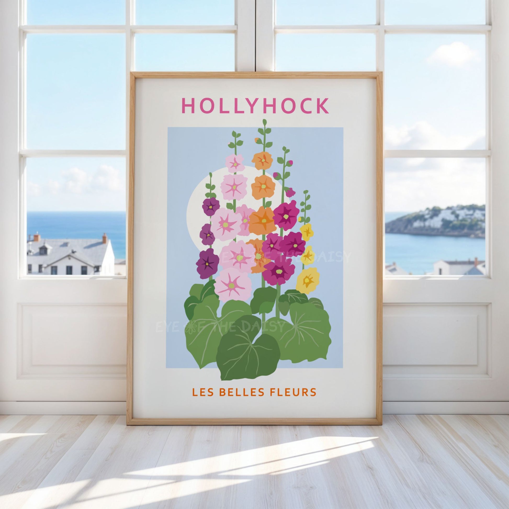 Colorful floral printable wall art poster of abstract hollyhock flowers with 'Les Fleurs' phrase, in a modern chic living room