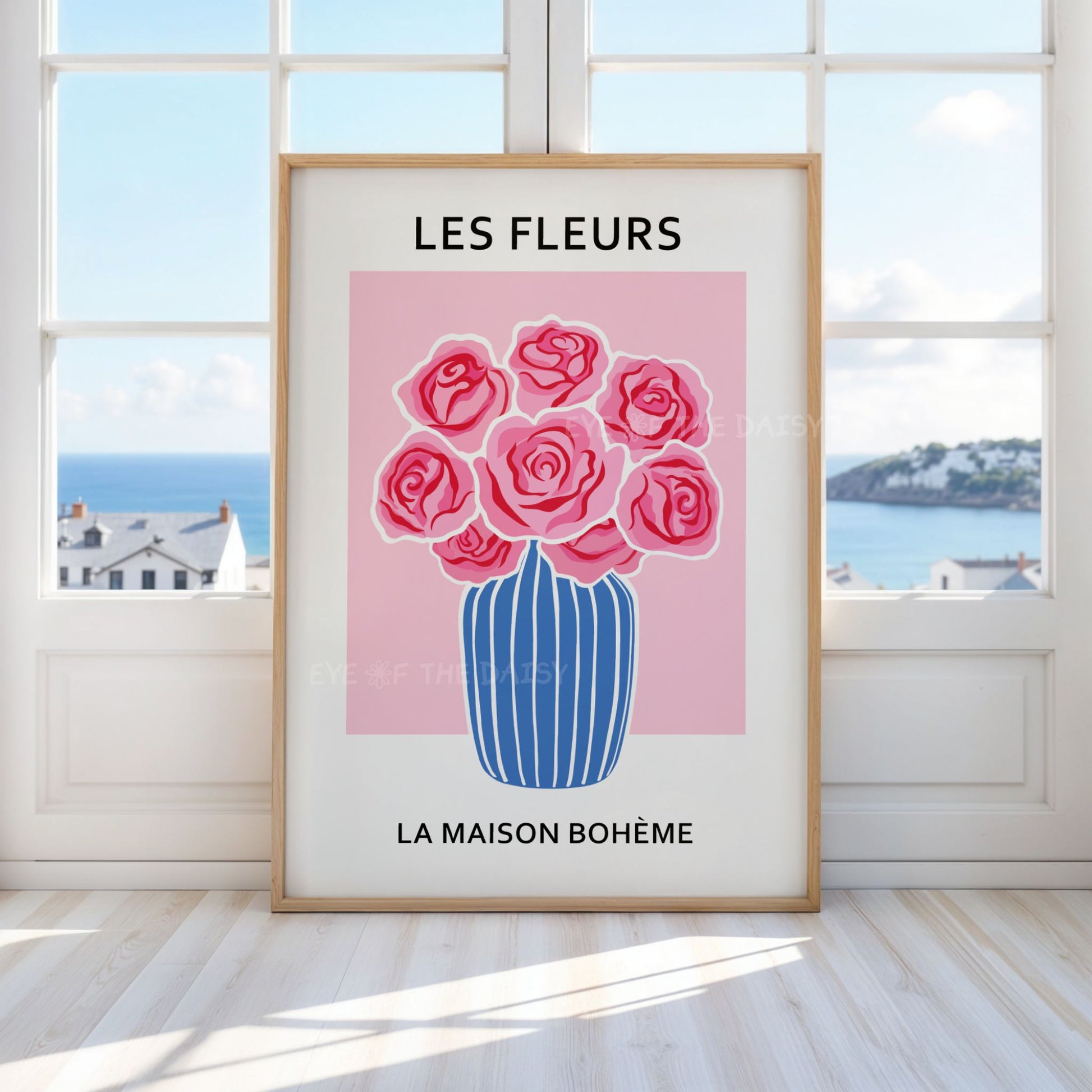 Bright eclectic floral printable wall art — abstract roses in blue vase, digital download perfect for modern living room gallery walls