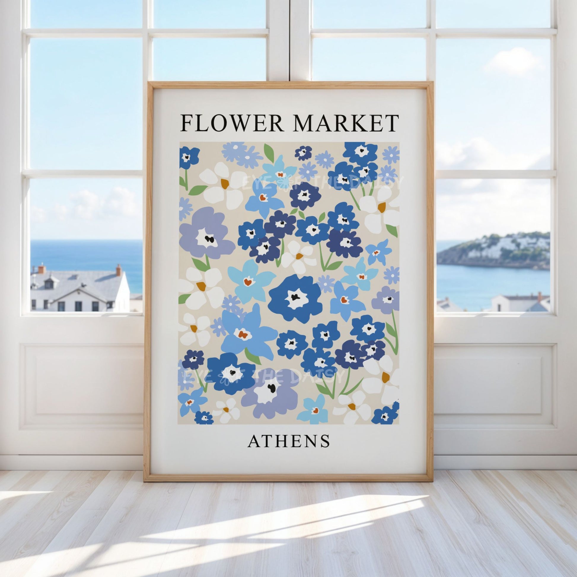 Playful flower market wall art print — blue abstract floral poster printable, perfect cheerful digital download for a modern vacation rental