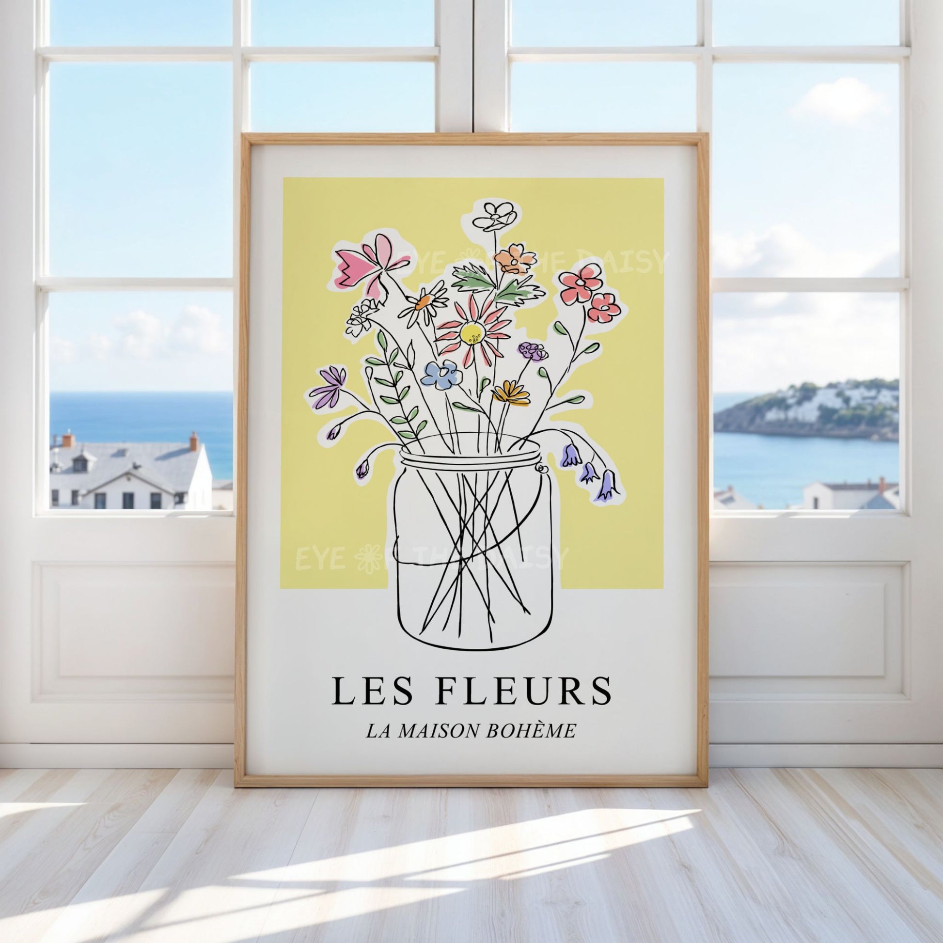 Printable wildflower jar wall art – hand-drawn pastel flowers on yellow, perfect boho cottagecore decor for vintage country-style living room