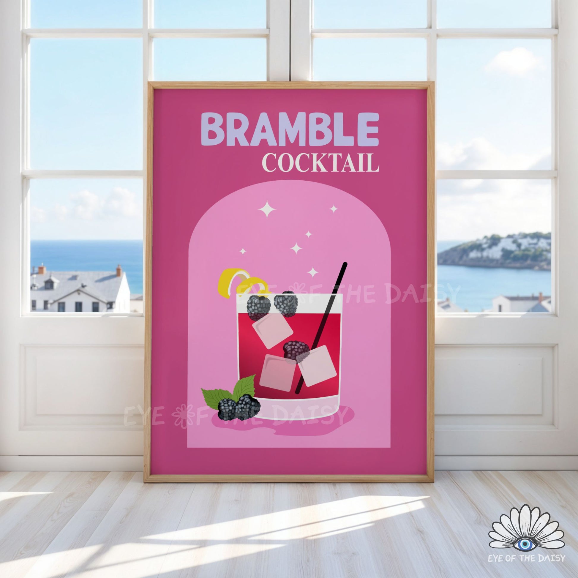 retro Gin Bramble cocktail poster vibrant pink and purple drink printable wall art for modern kitchen decor
