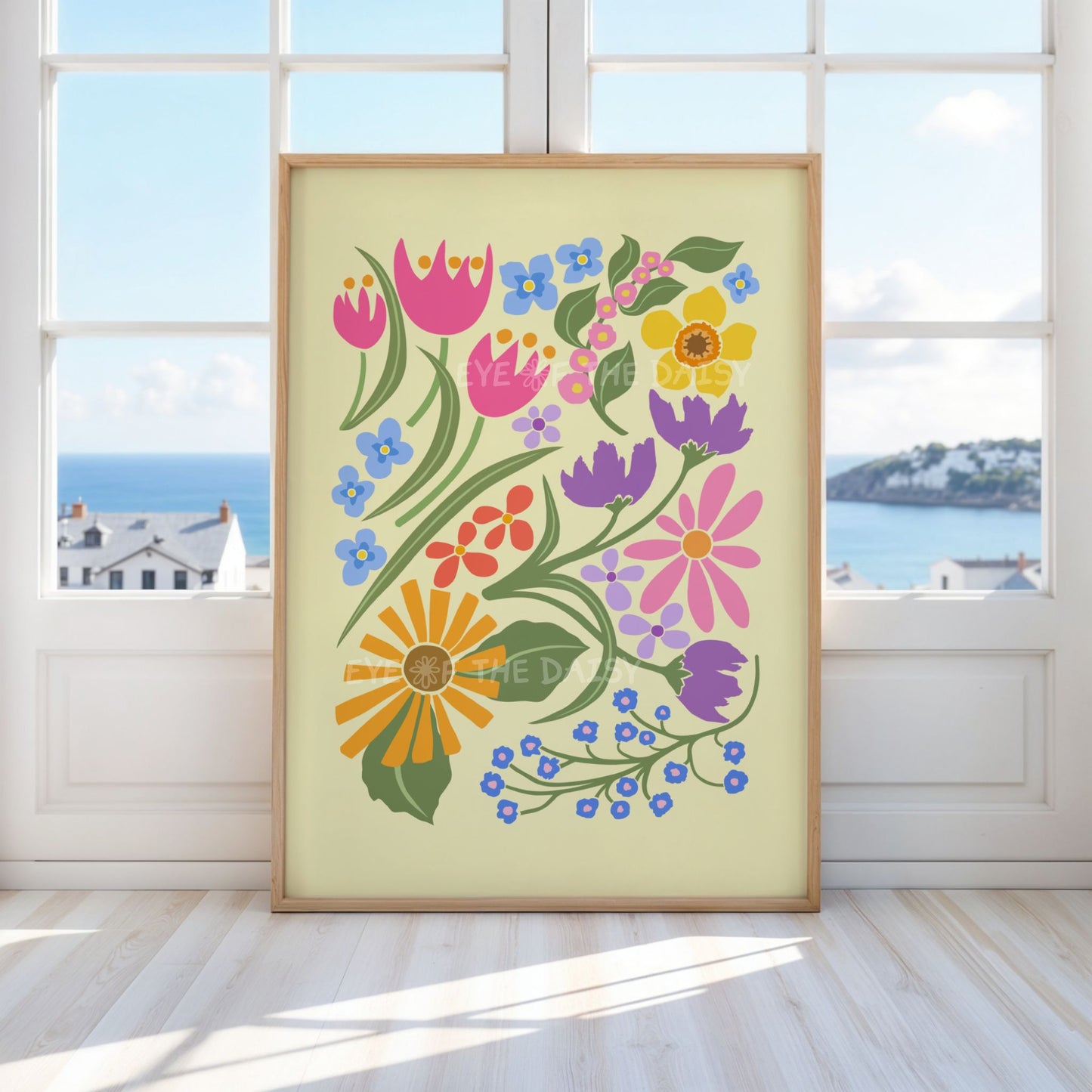 Bright colorful floral art print, pretty flowers printable wall art, great for a cosy corner or reading nook