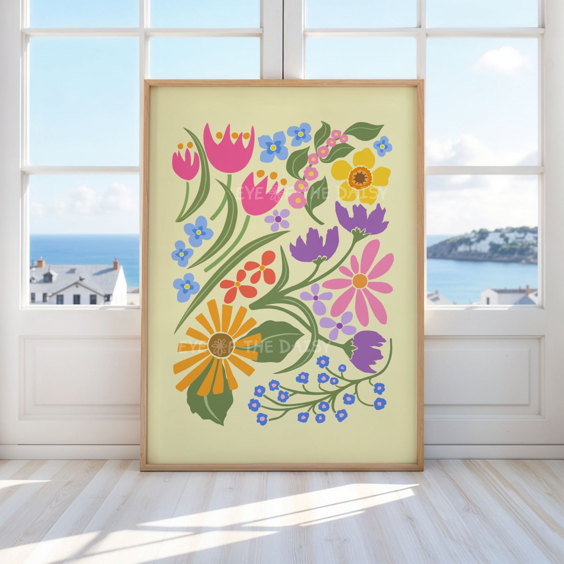Bright colorful floral art print, pretty flowers printable wall art, great for a cosy corner or reading nook