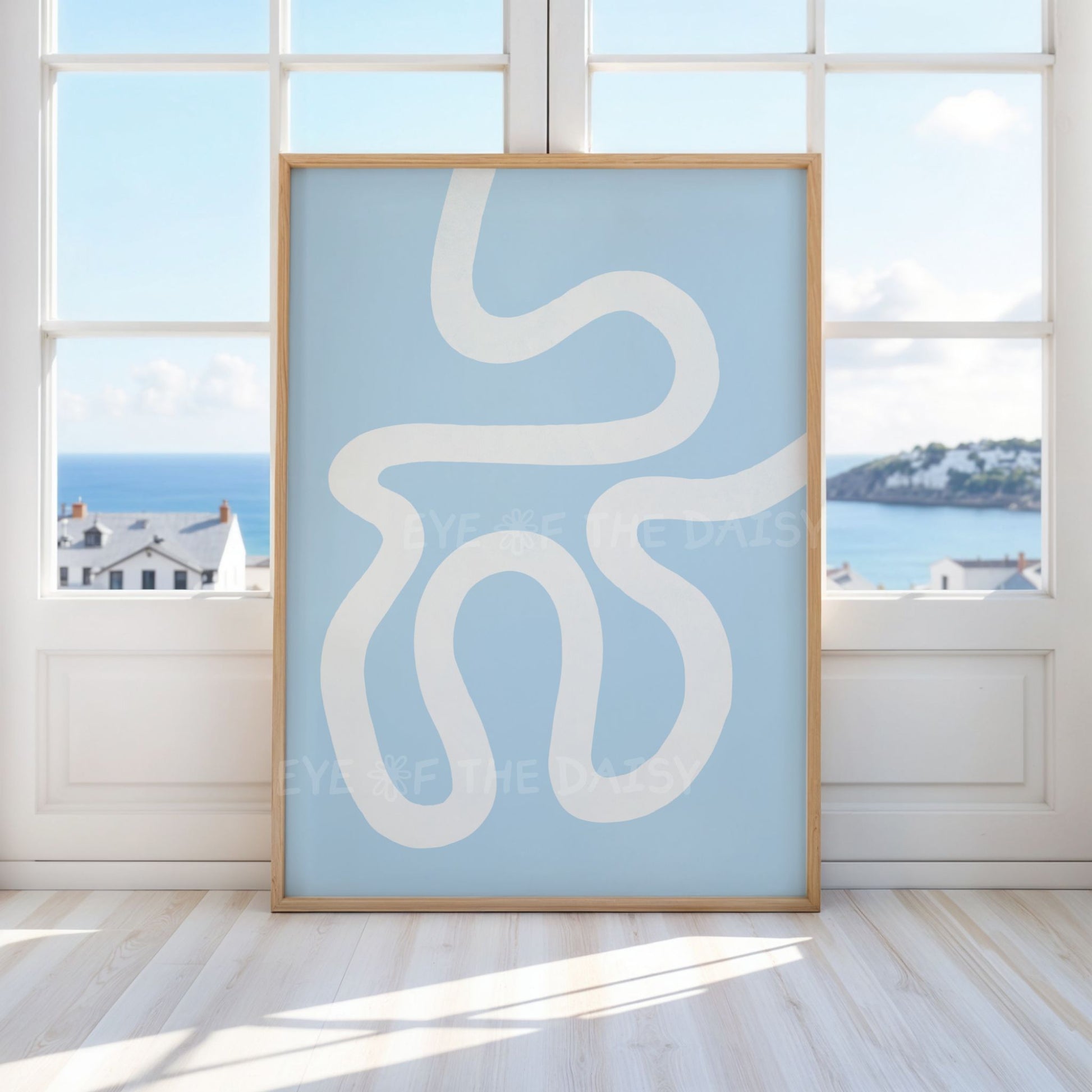 Abstract wall art print with a white line design on a light blue background, perfect for modern contemporary living room