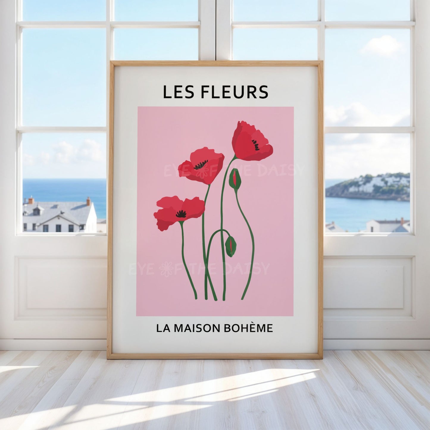 Colourful floral printable poster set of 3 — Les Fleurs red, pink and blue digital downloads, perfect for vibrant summer vacation rental decor