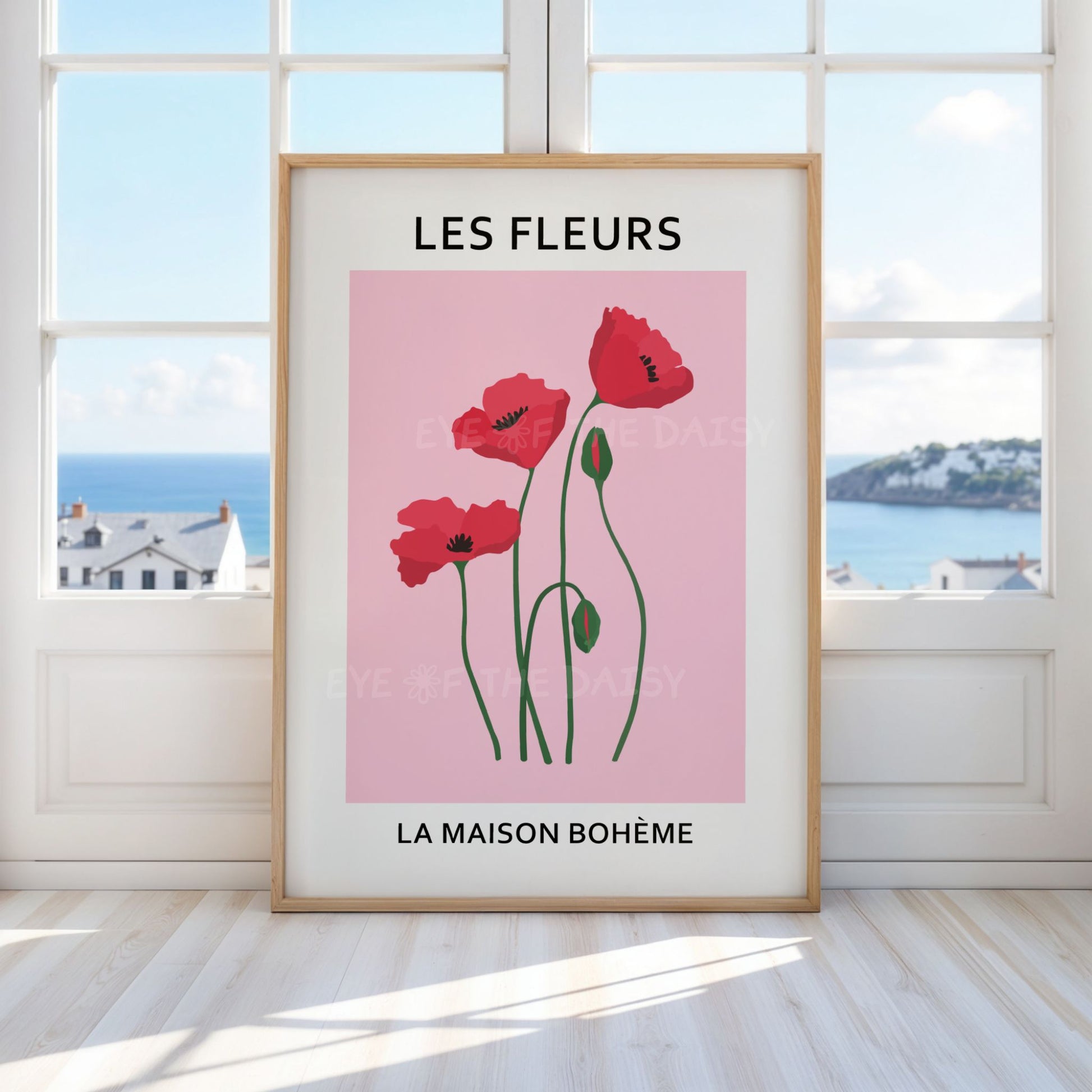 Colourful floral printable poster set of 3 — Les Fleurs red, pink and blue digital downloads, perfect for vibrant summer vacation rental decor