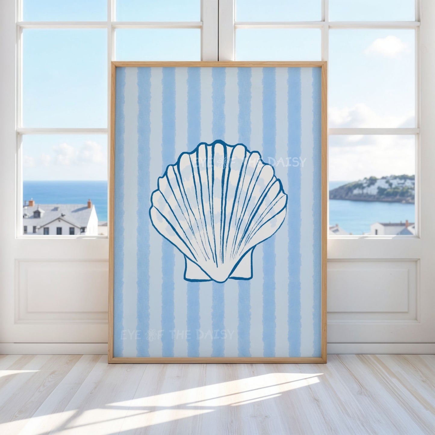 Trendy shell poster printable with white shell on light blue vintage stripes – coastal cowgirl meets Hamptons decor