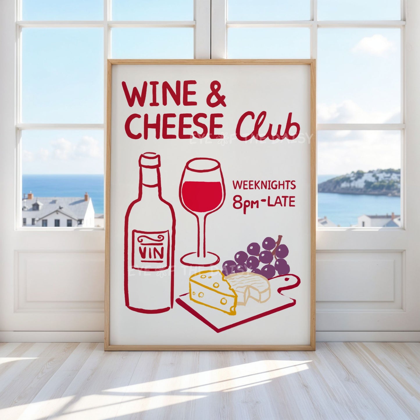 Funky poster with 'Wine & Cheese Club' quote and hand drawn wine & cheese illustration, displayed in a living room