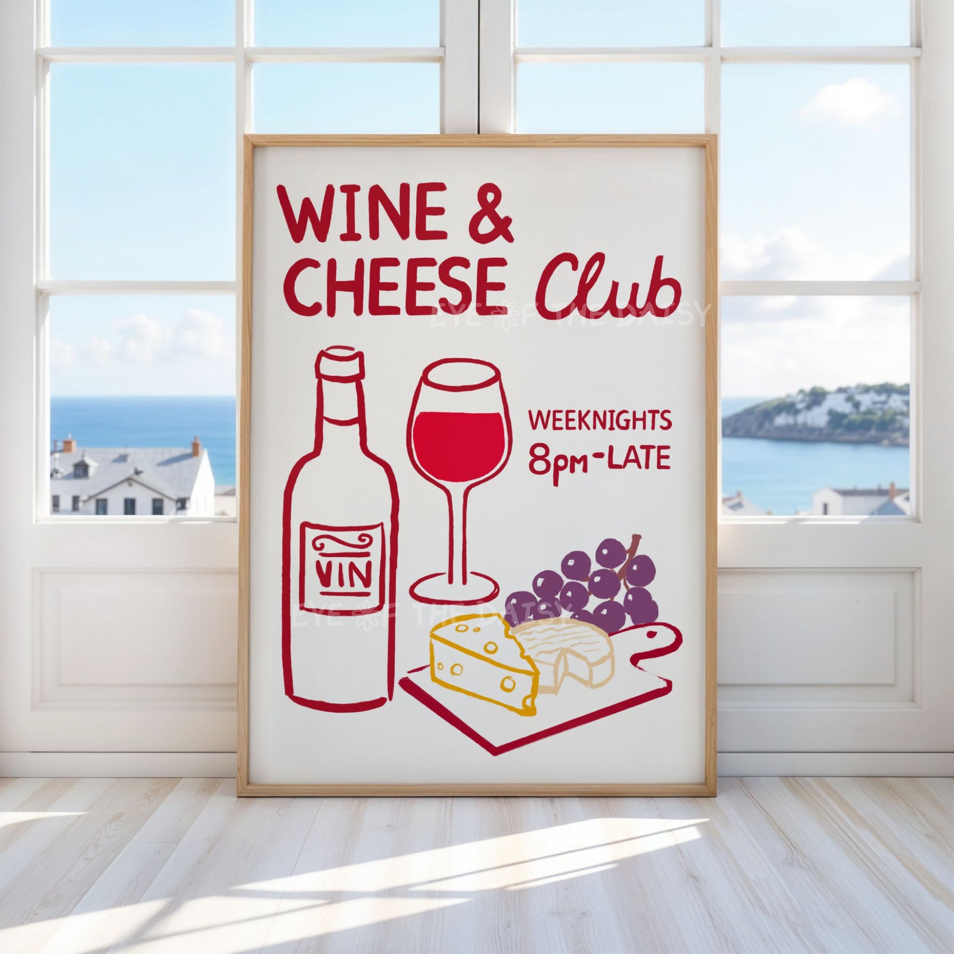 Funky poster with 'Wine & Cheese Club' quote and hand drawn wine & cheese illustration, displayed in a living room
