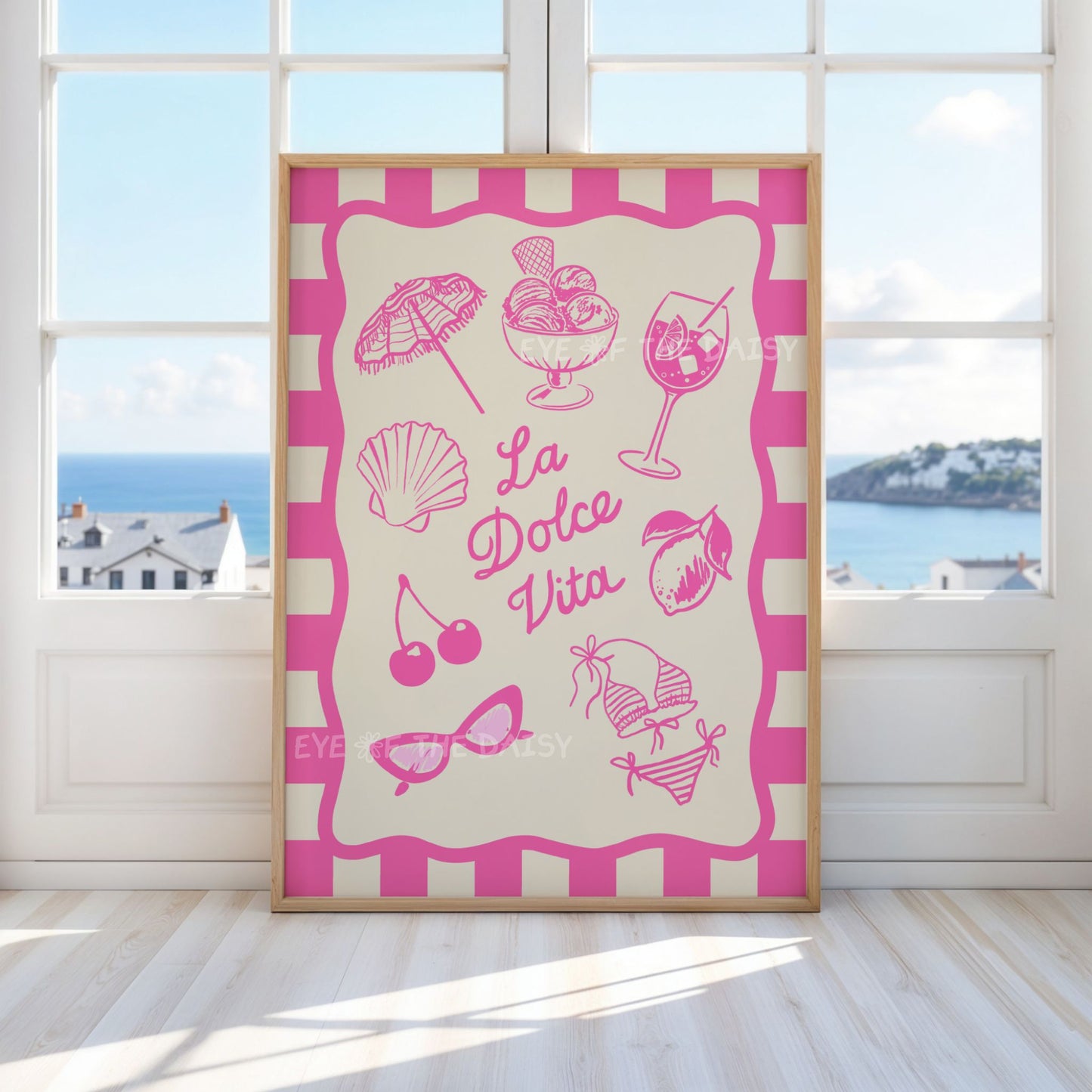 Coastal summer printable poster – pink La Dolce Vita digital download with Italian food and beach icons, wall art for relaxed decor