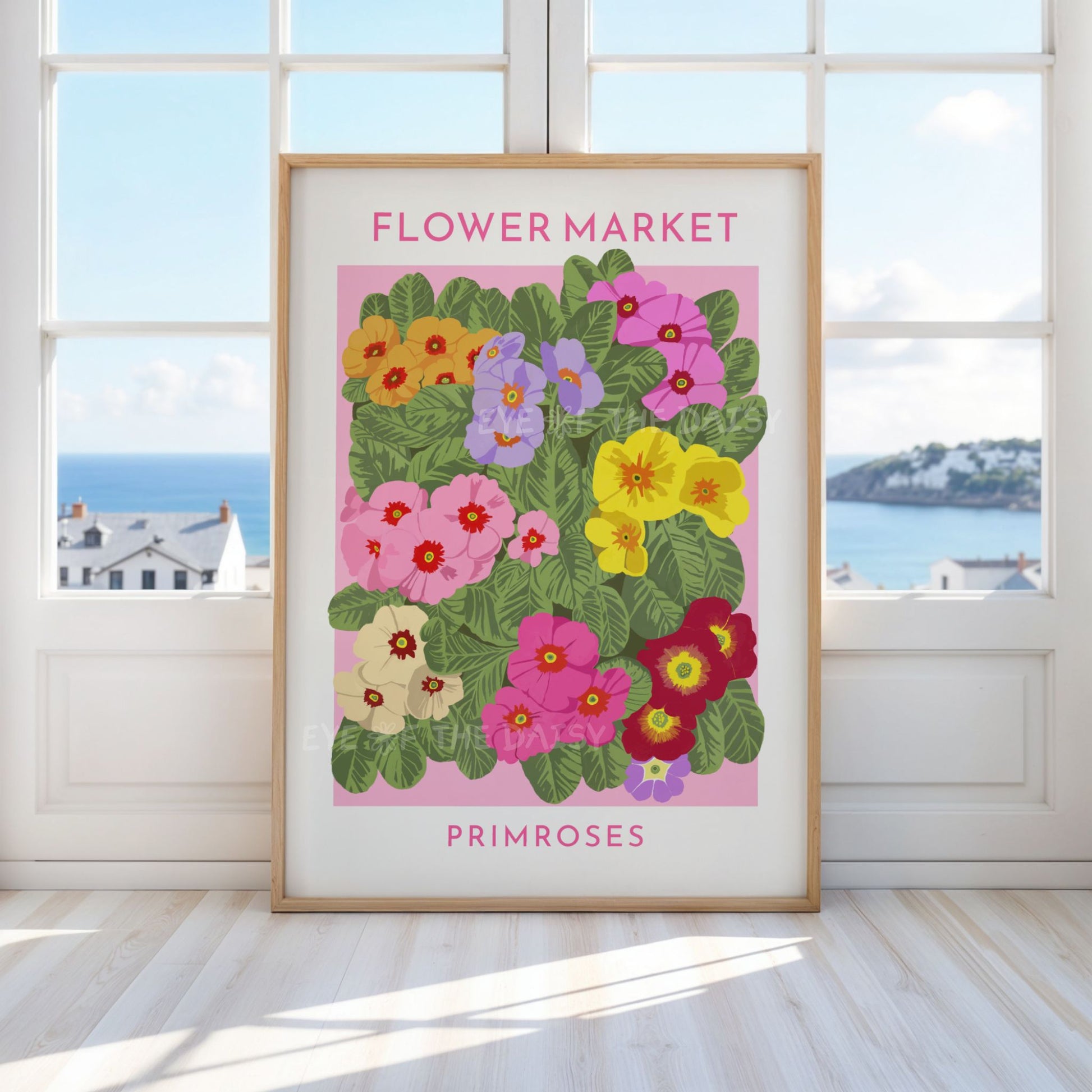 Vibrant Flower Market printable wall artwith hand drawn primrose flowers on pink – fun floral wall decor for trendy living rooms