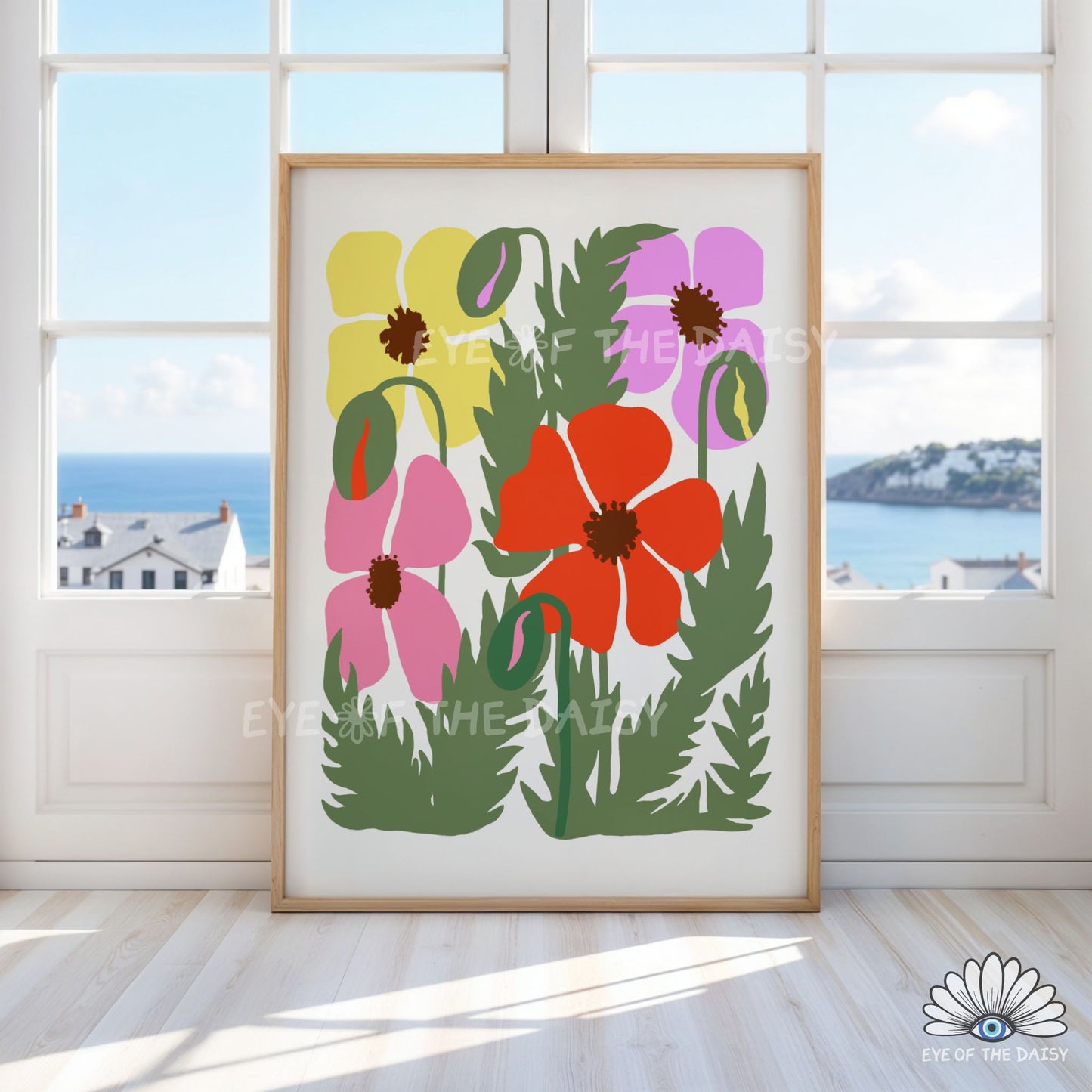 Colour block modern botanical print, bright colourful floral printable poster for maximalist wall decor