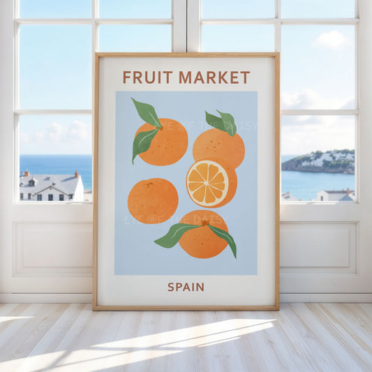 Spain orange wall art printable — abstract fruit artwork for modern home bar, vacation rental or boho Mediterranean living space