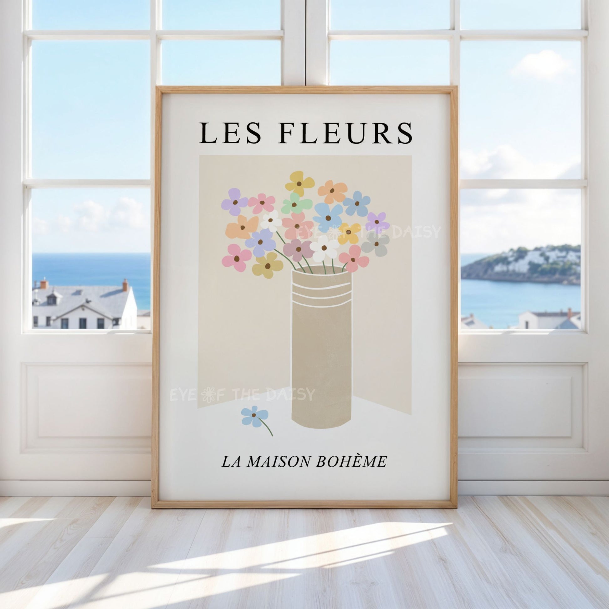 Boho chic floral printable wall art – Les Fleurs pastel flower vase print, digital download for feminine and calming home office style