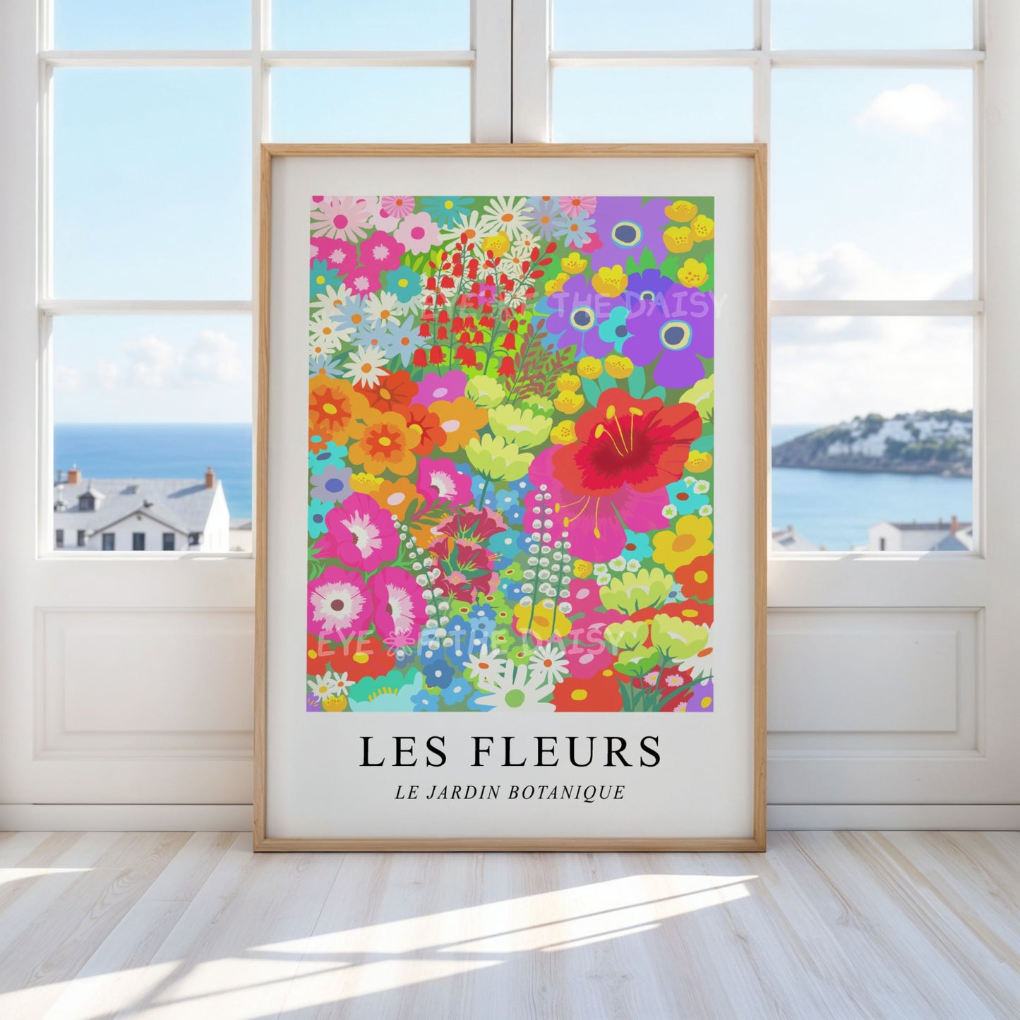 Framed colorful floral printable poster titled 'LES FLEURS' in a modern living room