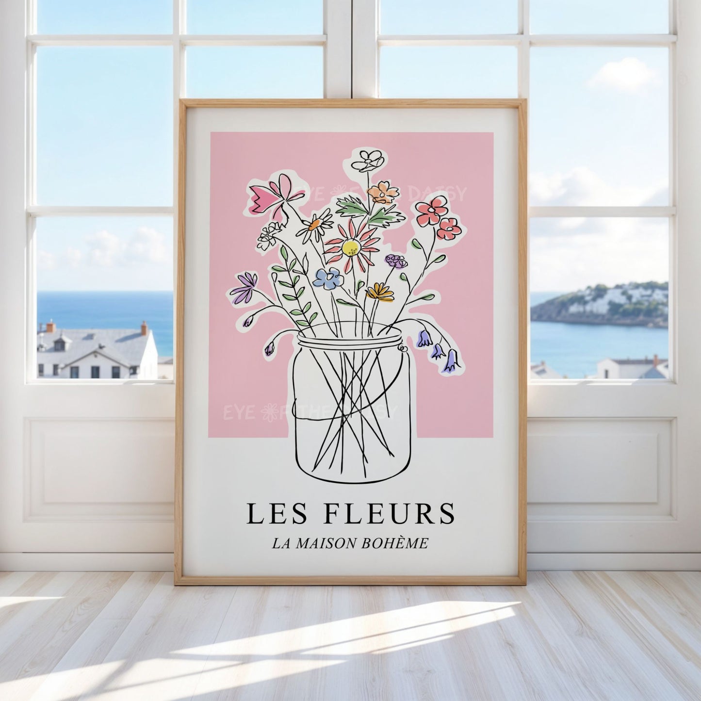 French botanical exhibition poster of a hand drawn sketch of a vase of pastel coloured flowers on a pink background, in a living room