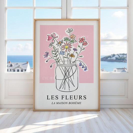 French botanical exhibition poster of a hand drawn sketch of a vase of pastel coloured flowers on a pink background, in a living room