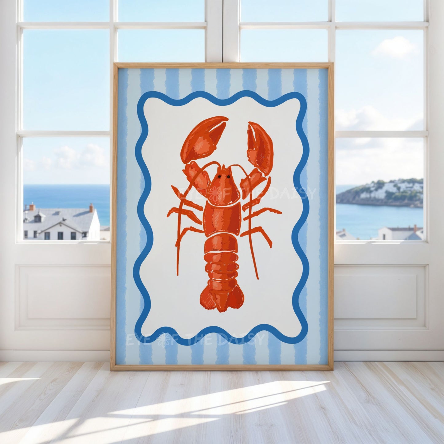 Contemporary hand drawn lobster downloadable art print with quirky blue striped border – bold coastal beachy room decor