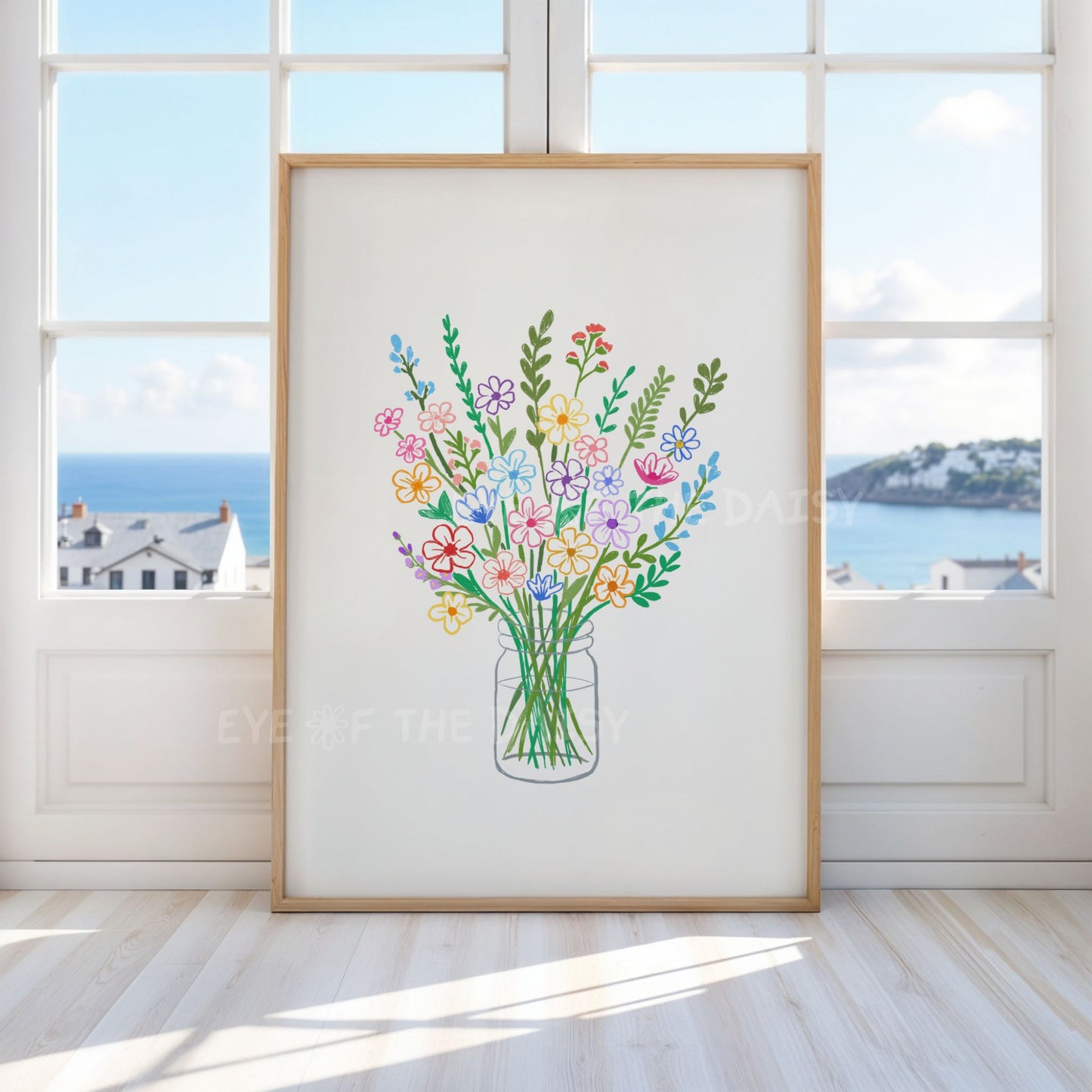 Flowers in jar wall print, trendy grandmillenial living room décor, colorful floral artwork printable for farmhouse decor