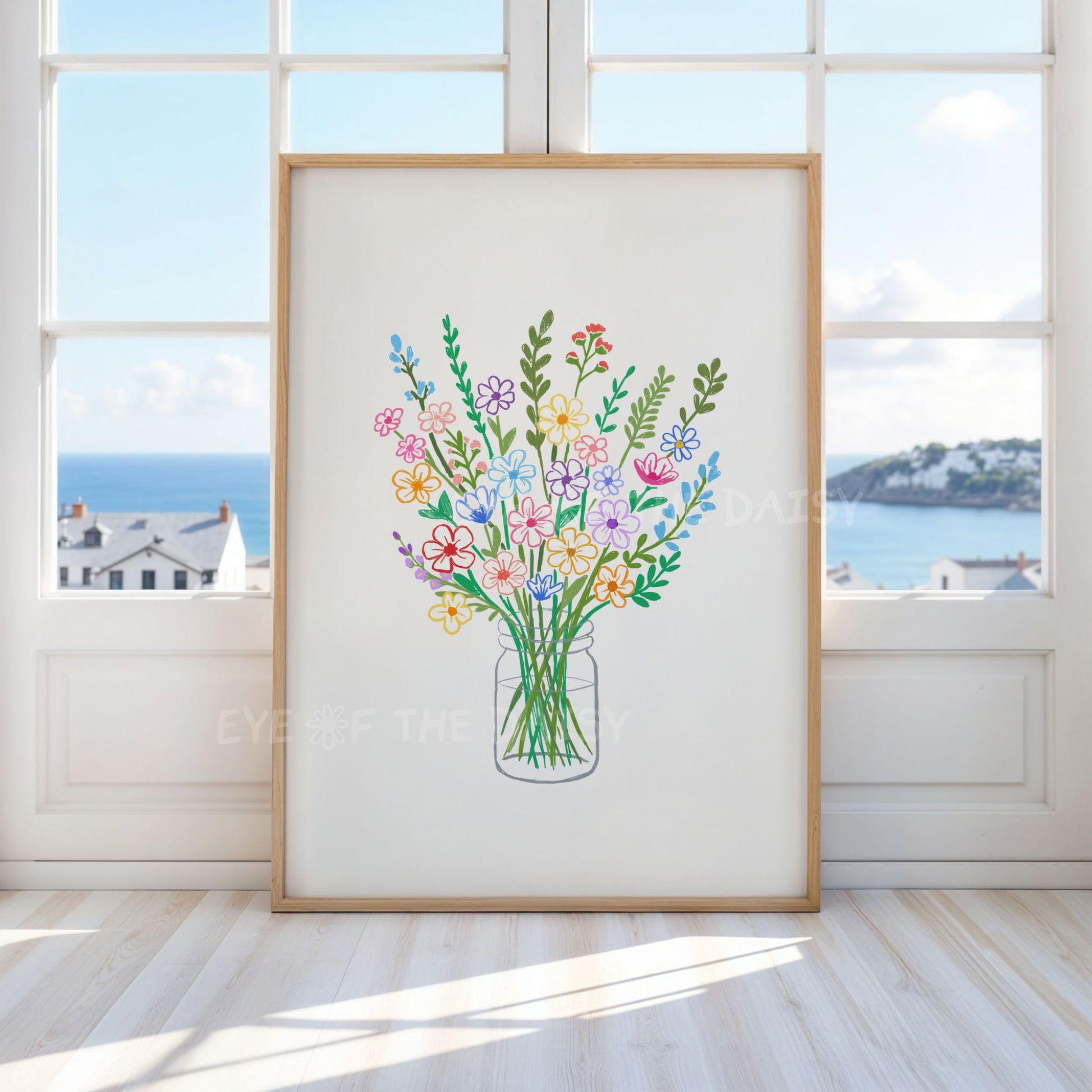 Flowers in jar wall print, trendy grandmillenial living room décor, colorful floral artwork printable for farmhouse decor