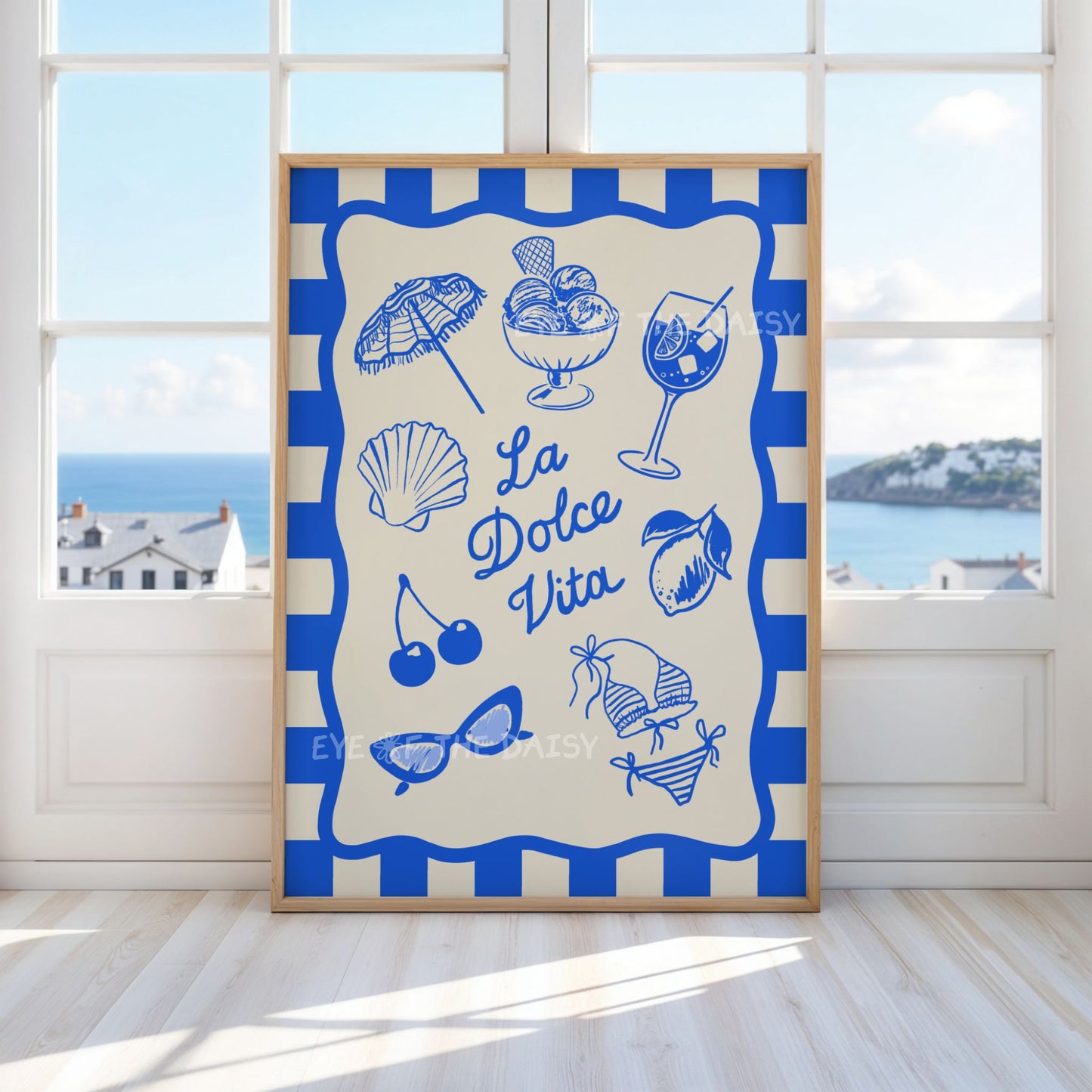 Coastal Italian summer wall art – La Dolce Vita sketch in bright blue, downloadable art print for living room or beach house decor
