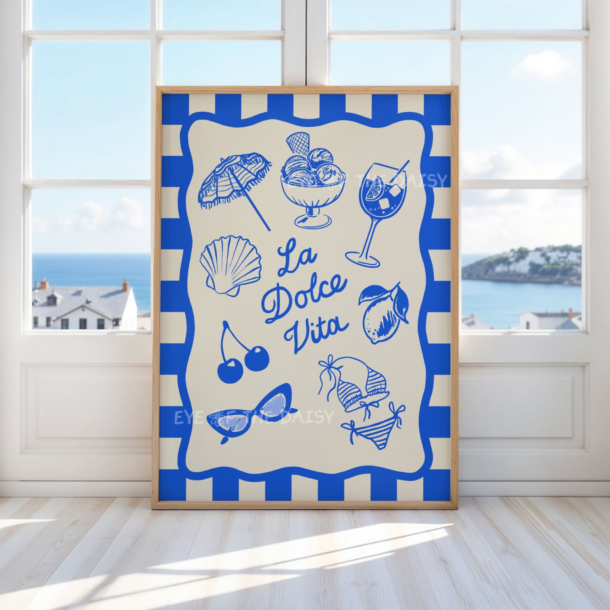 Coastal Italian summer wall art – La Dolce Vita sketch in bright blue, downloadable art print for living room or beach house decor