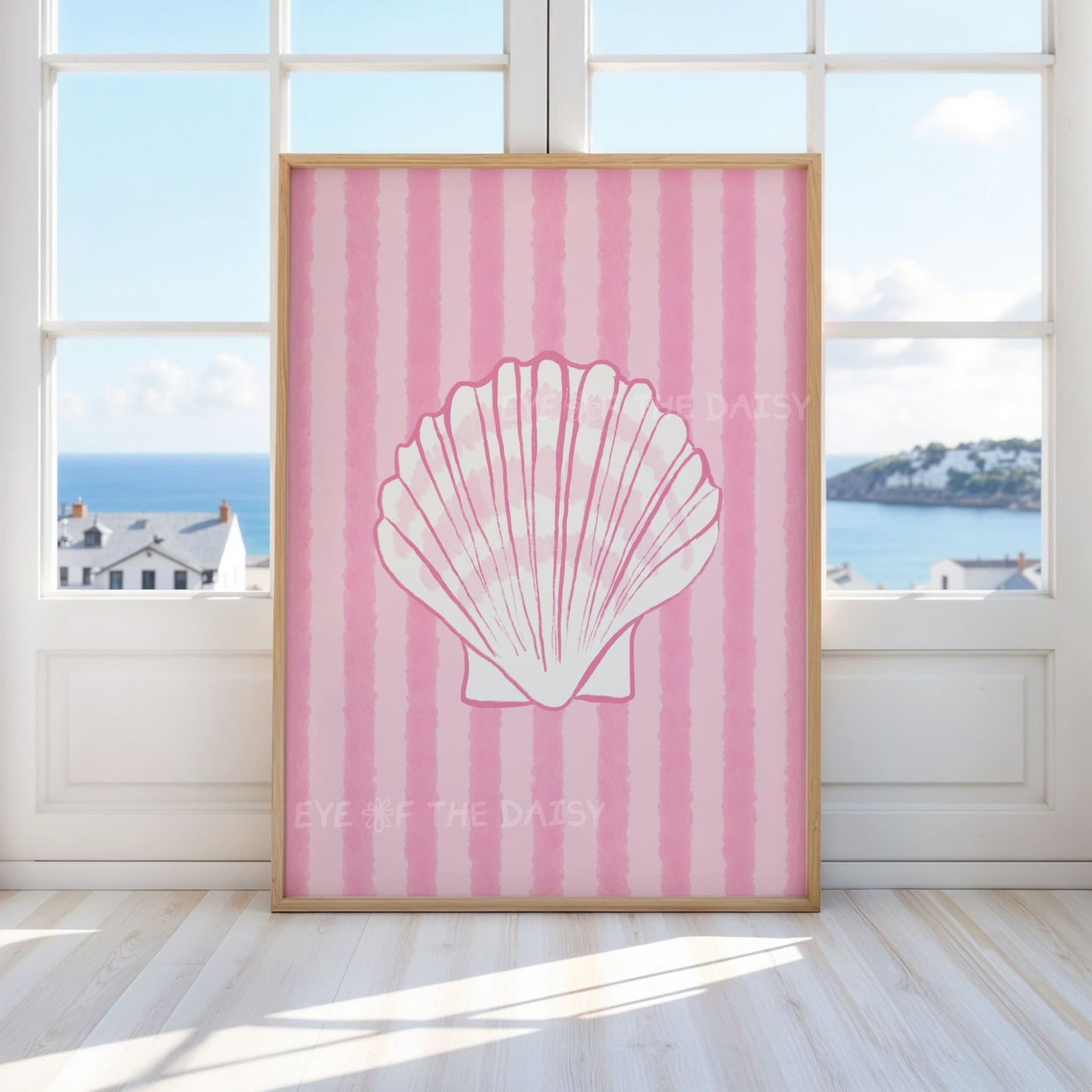 Trendy printable poster with white hand drawn shell on pink striped background – fun dopamine decor for modern coastal apartment