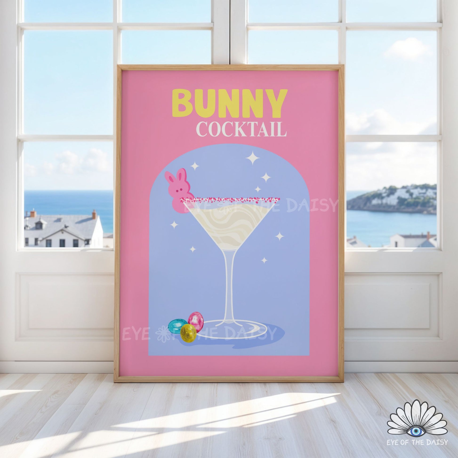 Easter party wall art printable, Bunny Cocktail poster for home bar or Easter dopamine decor