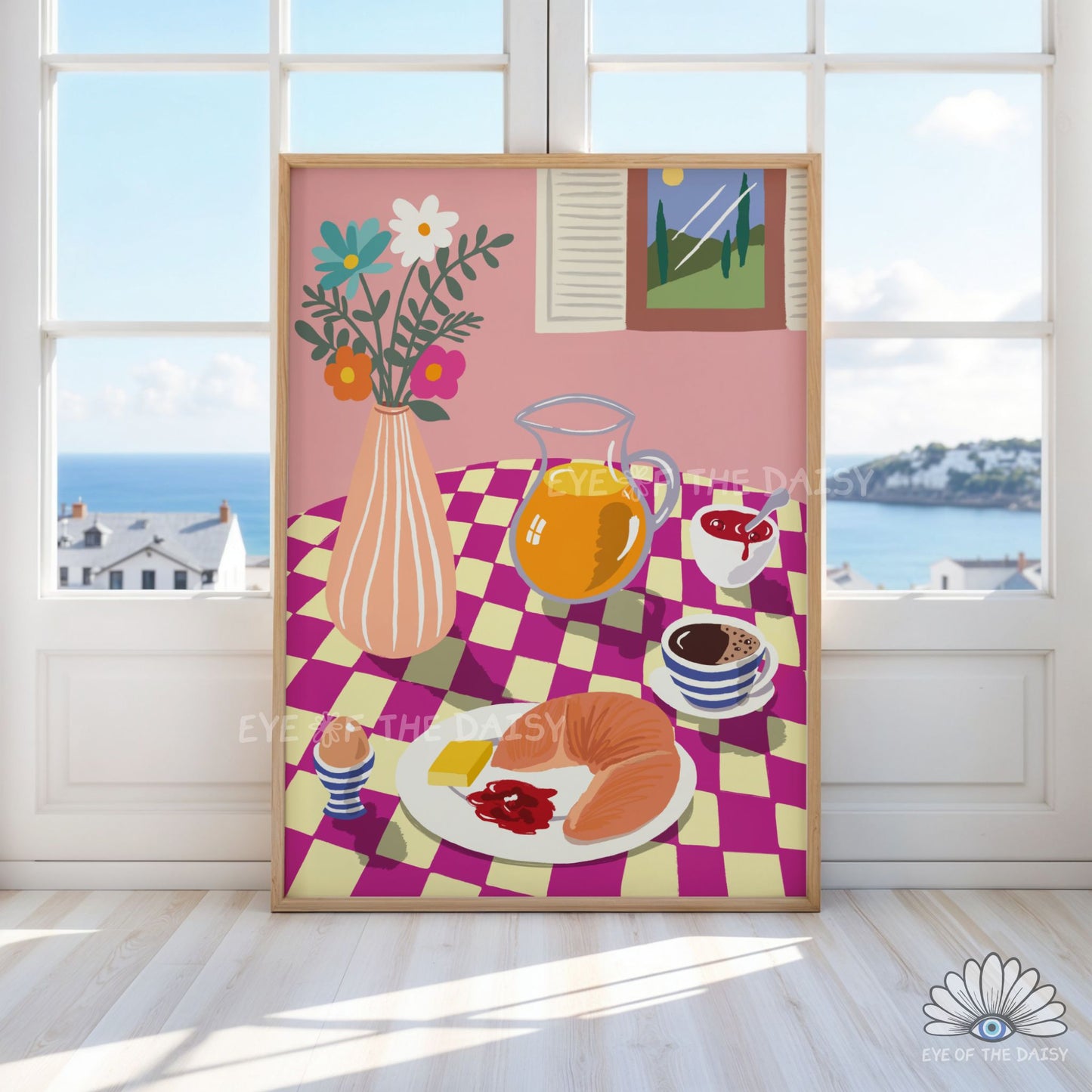 Breakfast Table Illustration Digital Print | Croissant Eggs Coffee Food Printable Wall Art