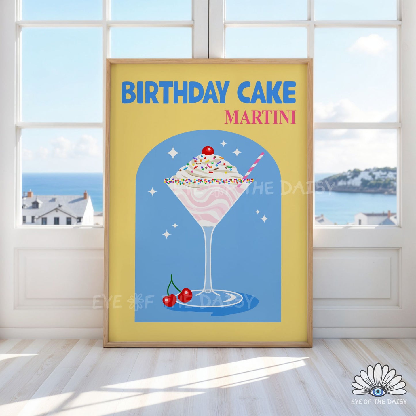playful Birthday Cake Martini cocktail wall art retro drink printable for college room or home bar