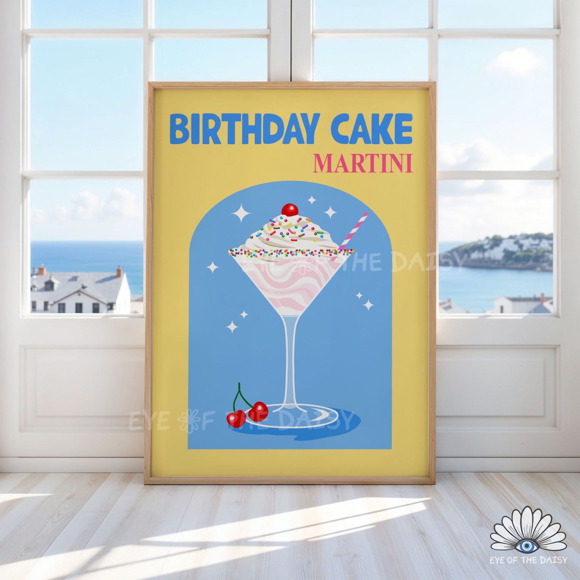 playful Birthday Cake Martini cocktail wall art retro drink printable for college room or home bar