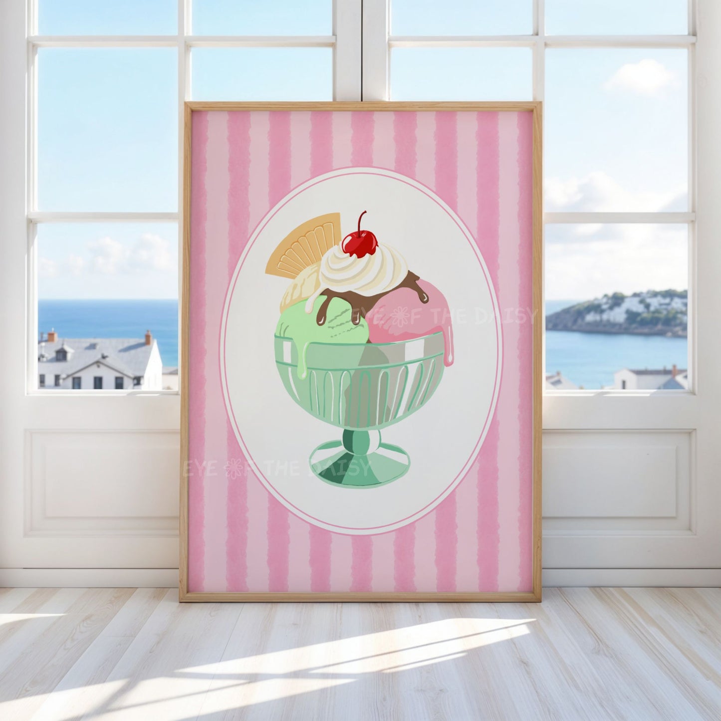 Cute pastel gelato poster with a hand drawn illustration of an ice cream sundae in pastel colours with pink striped vintage border