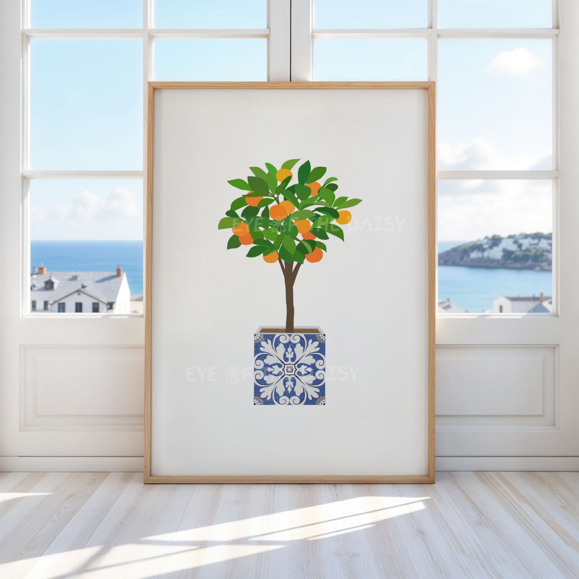 Bright orange tree wall art in blue tile pot – downloadable botanical print, great minimalist decor for summer vacation rental spaces