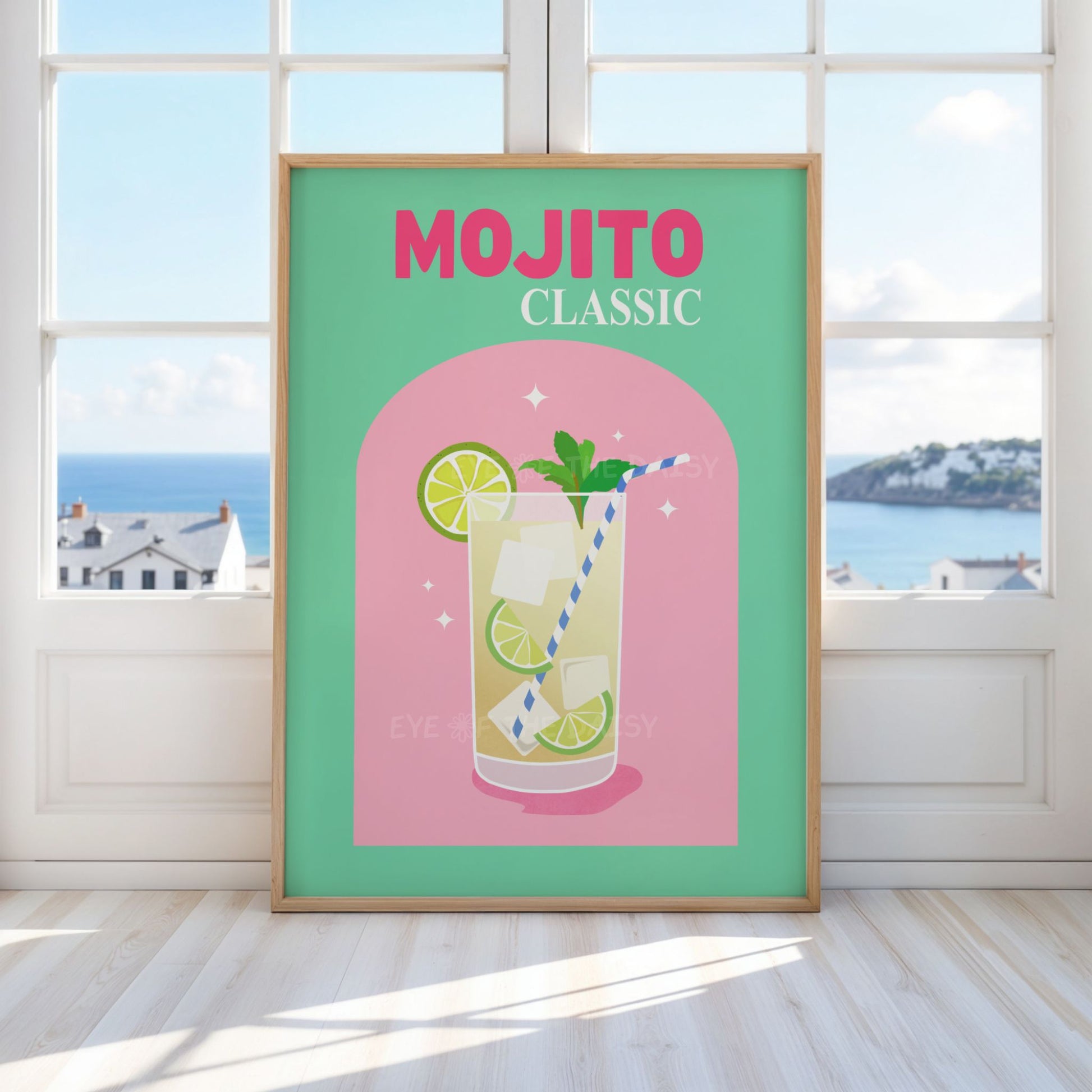 Vibrant Mojito cocktail illustration, trendy downloadable poster for colorful contemporary decor or printable bar wall artwork