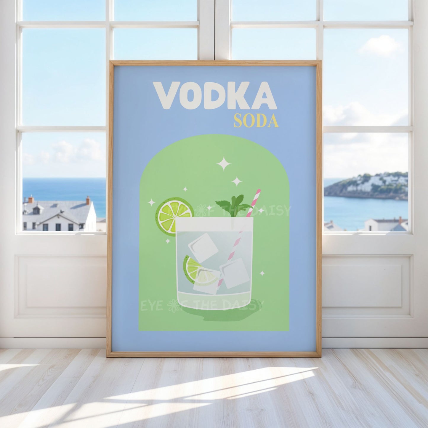 Vodka Soda cocktail printable wall art – bright retro poster digital download for bar cart DIY wall decor and entertaining spaces