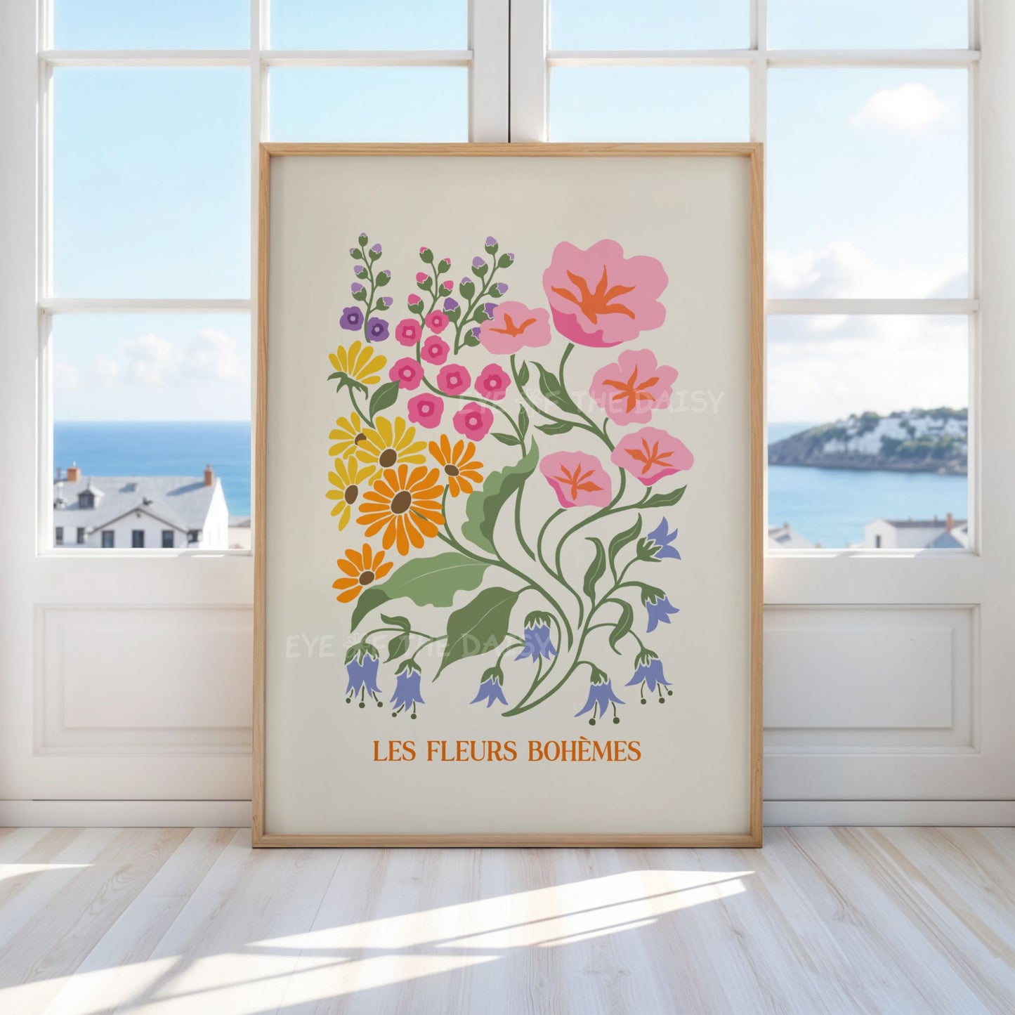 Boho abstract floral poster with 'Les Fleurs Bohèmes' text and colorful stylized flowers