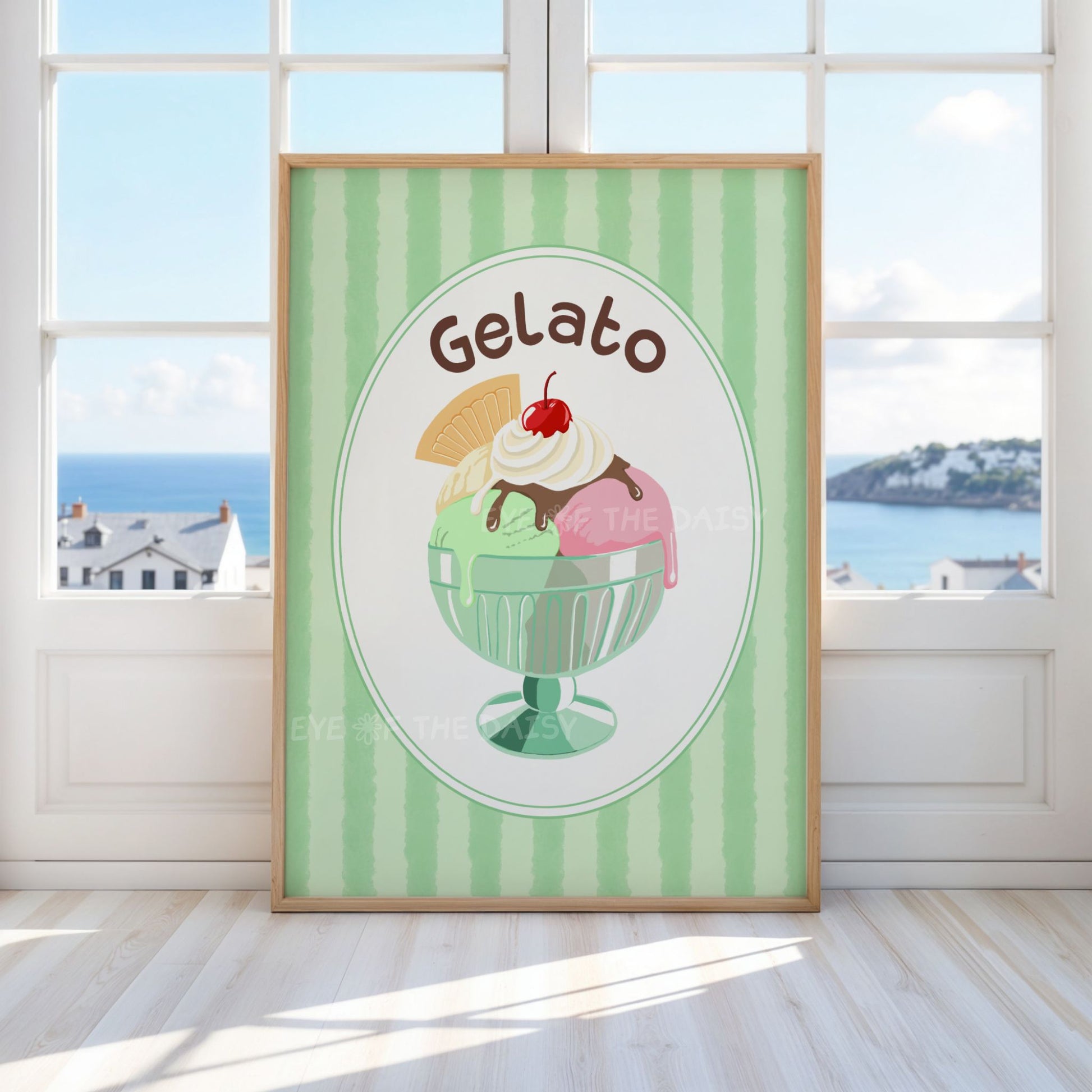 Contemporary gelato poster with "gelato" typography and a hand drawn illustration of an ice cream sundae