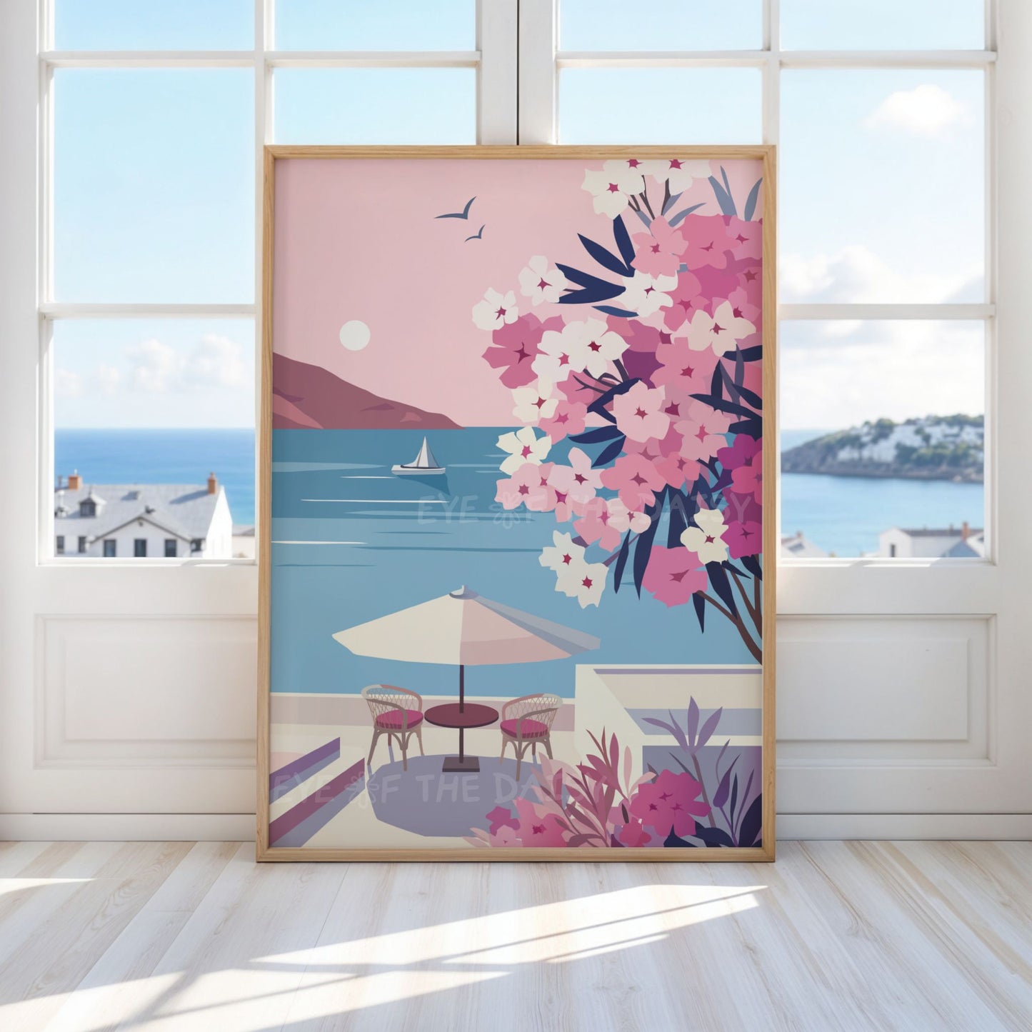 Set of 2 Paros Greece prints in pastel pink and blue, digital wall art download with Cycladic sea view for modern Mediterranean living room