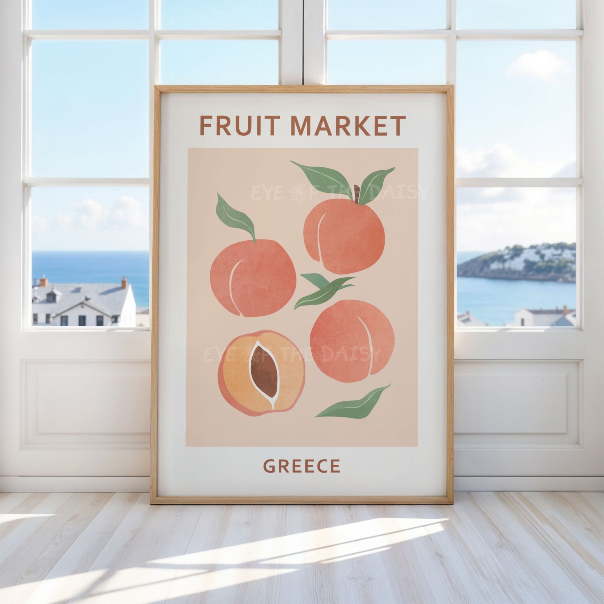 Fruit Market Greece peach wall art print — pastel abstract fruit poster for instant download, modern kitchen or gallery wall decor