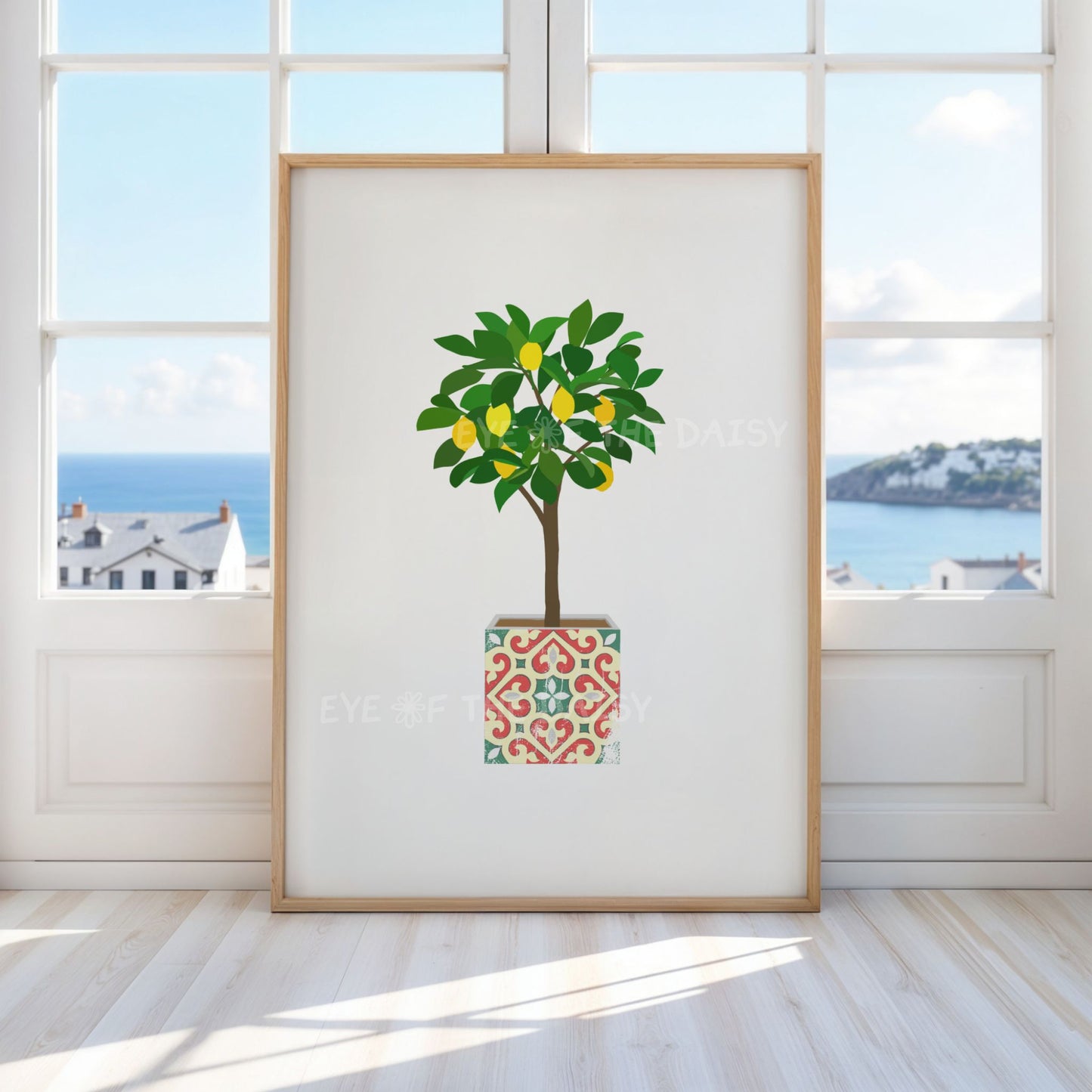 Mediterranean lemon tree printable poster with tile pot – bright botanical downloadable art, ideal DIY wall decor for stylish summer rental homes