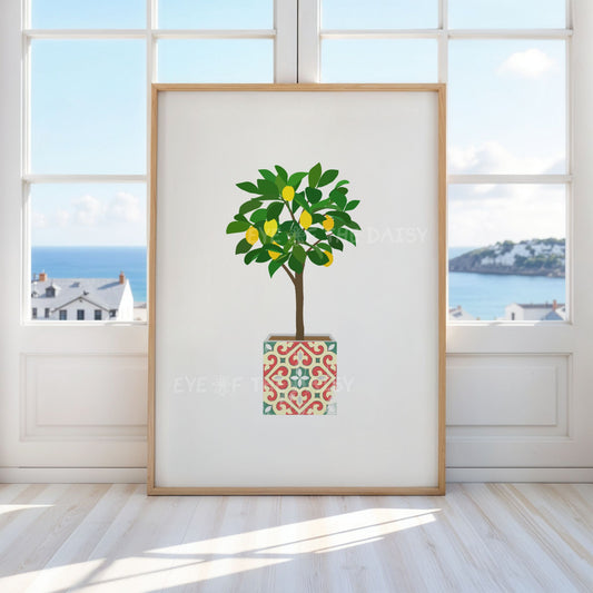 Mediterranean lemon tree printable poster with tile pot – bright botanical downloadable art, ideal DIY wall decor for stylish summer rental homes