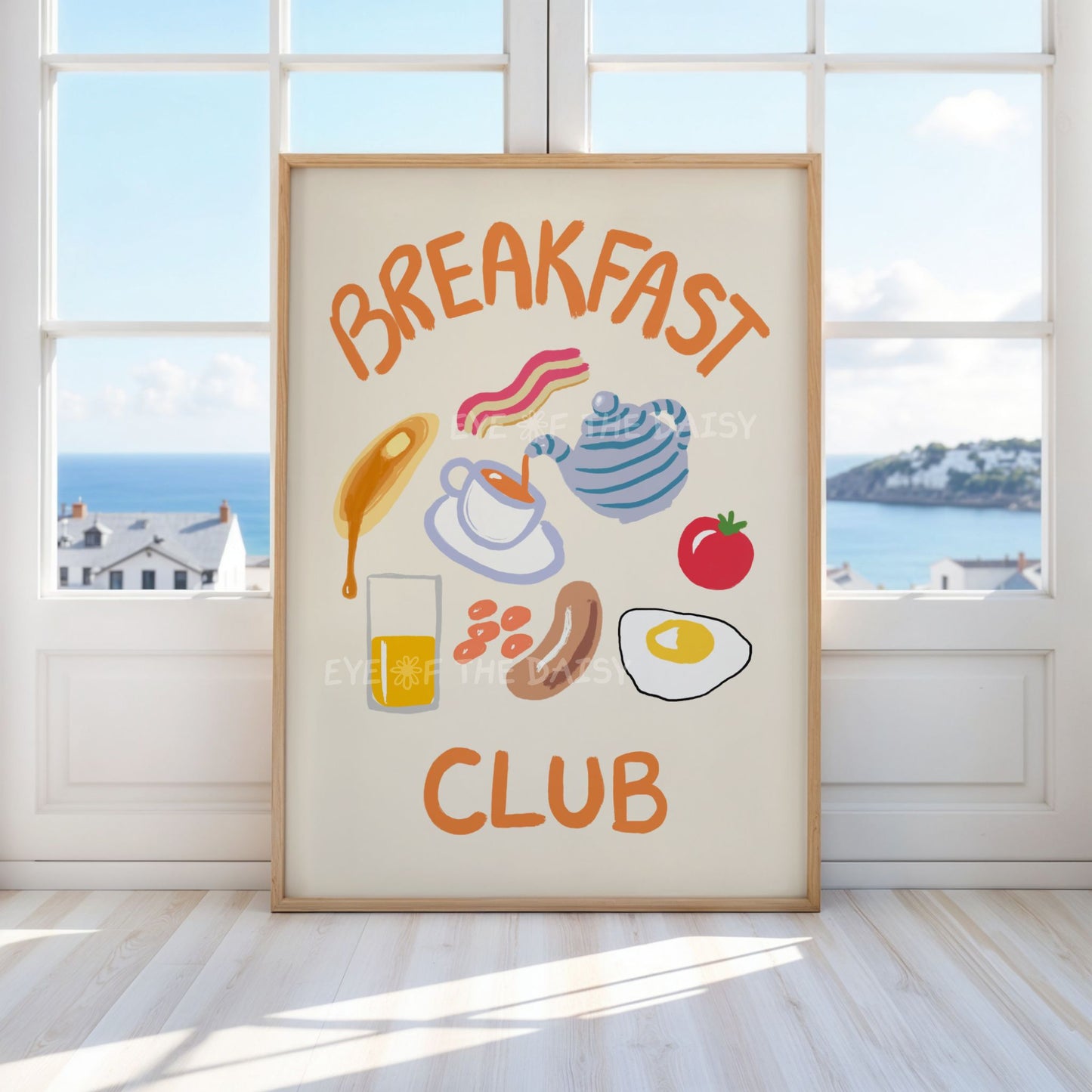 Funky hand drawn 'Breakfast Club' poster digital download with modern food illustrations, perfect for modern kitchen wall decor