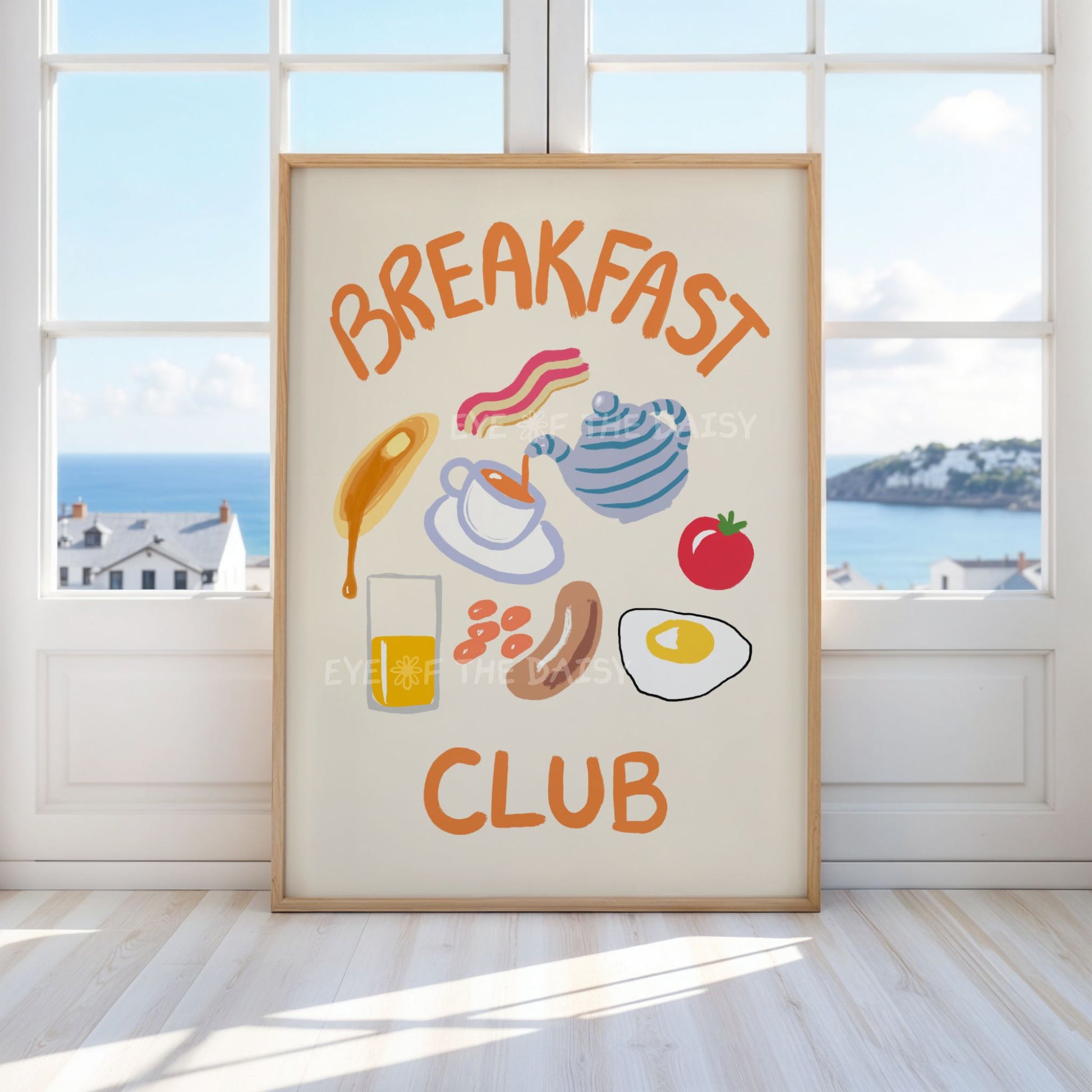 Funky hand drawn 'Breakfast Club' poster digital download with modern food illustrations, perfect for modern kitchen wall decor