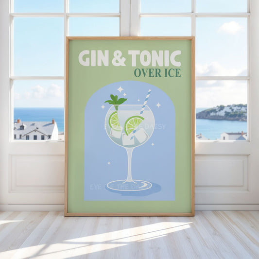 Retro cocktail poster printable wall art,  in sage green and light blue – funky cocktail wall decor for trendy modern living rooms