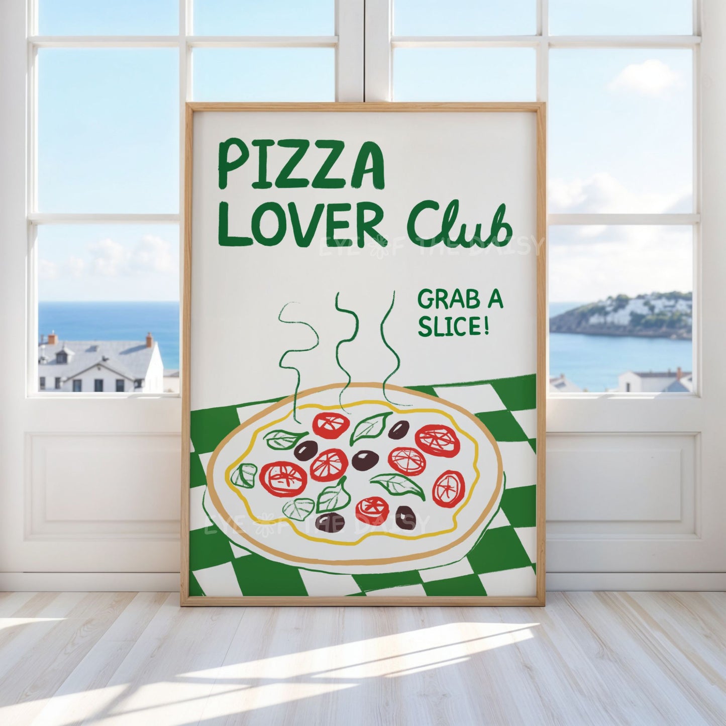 Funny pizza printable wall art with quote 'Pizza Lover Club' and green, red & yellow hand drawn pizza illustration