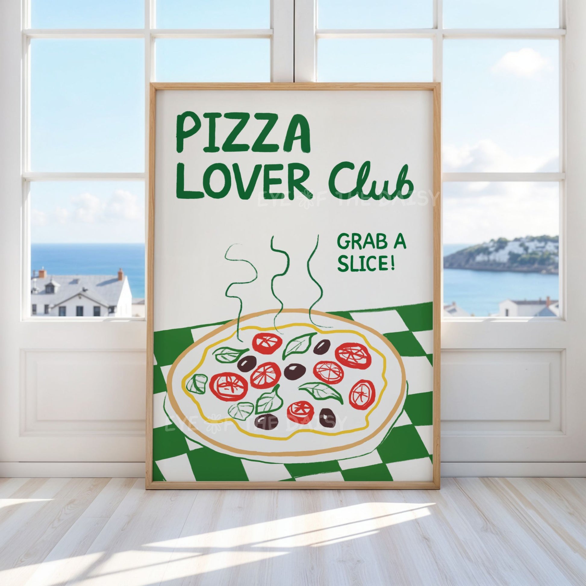 Funny pizza printable wall art with quote 'Pizza Lover Club' and green, red & yellow hand drawn pizza illustration