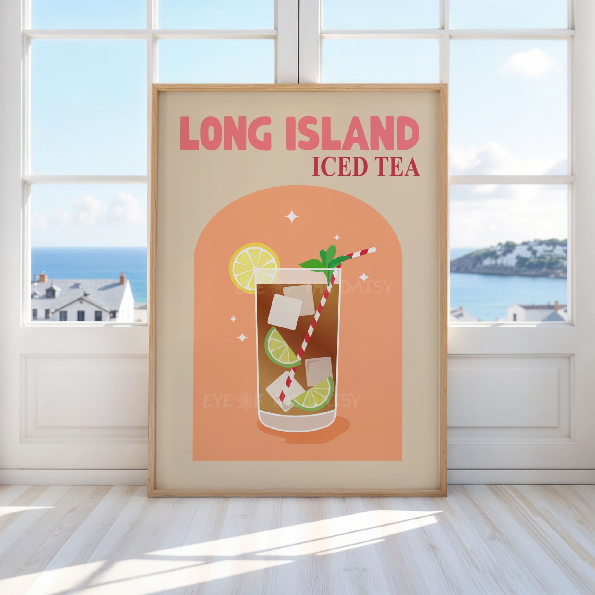 Retro Long Island Iced Tea printable wall art — vibrant cocktail digital download in beige and orange, ideal for modern dining room decor.